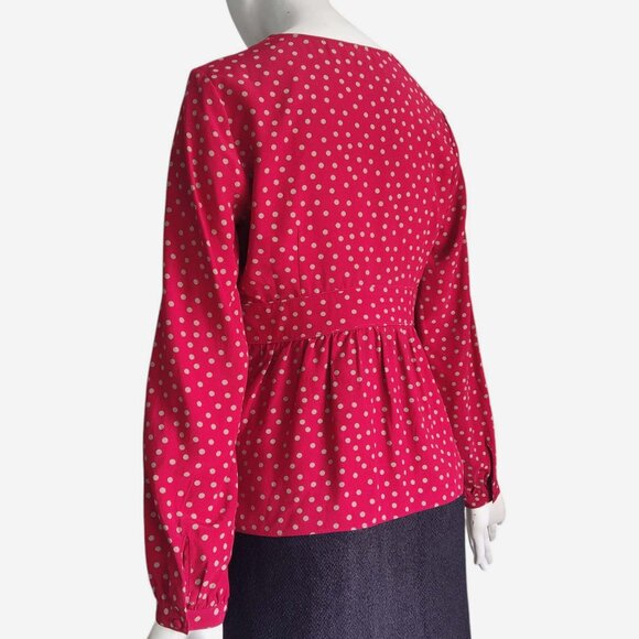 BODEN Elsie Boho Tan Polk Dot & Red w Peplum Long Sleeve Viscose Top Sz 2P - Picture 4 of 11
